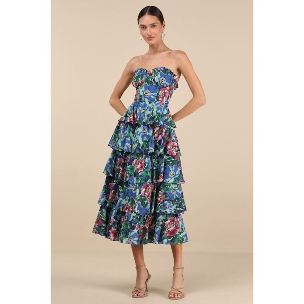 Lulus Nayha Blue Multi Floral Strapless Tiered Midi Dress - Size L